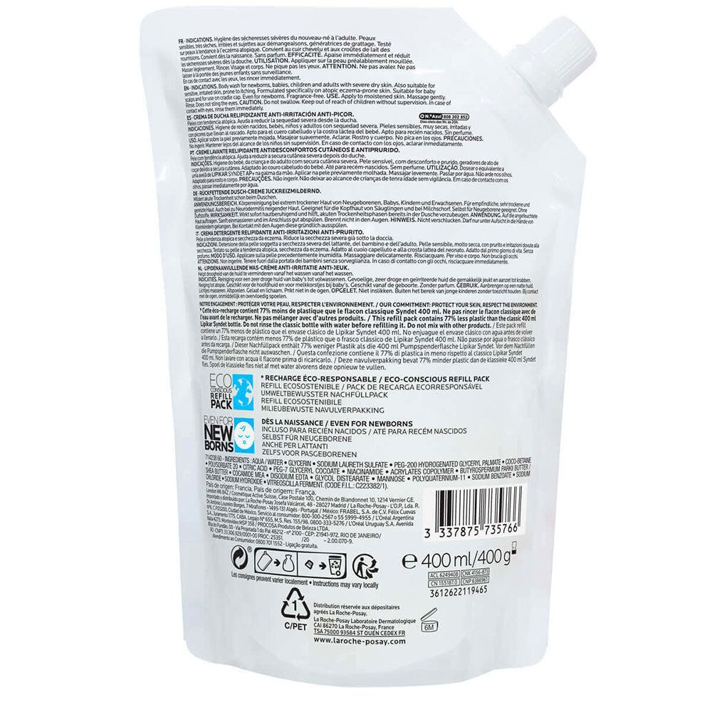 Dos de la recharge. Texte et logos. Marque La Roche-Posay. Informations sur le produit.