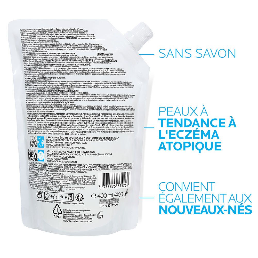 Dos de la recharge. Texte et logos. Marque La Roche-Posay. Pour peaux à tendance atopique.