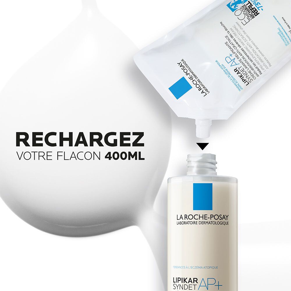 Recharge de crème lavante dans un flacon. Marque La Roche-Posay. Produit et emballage.