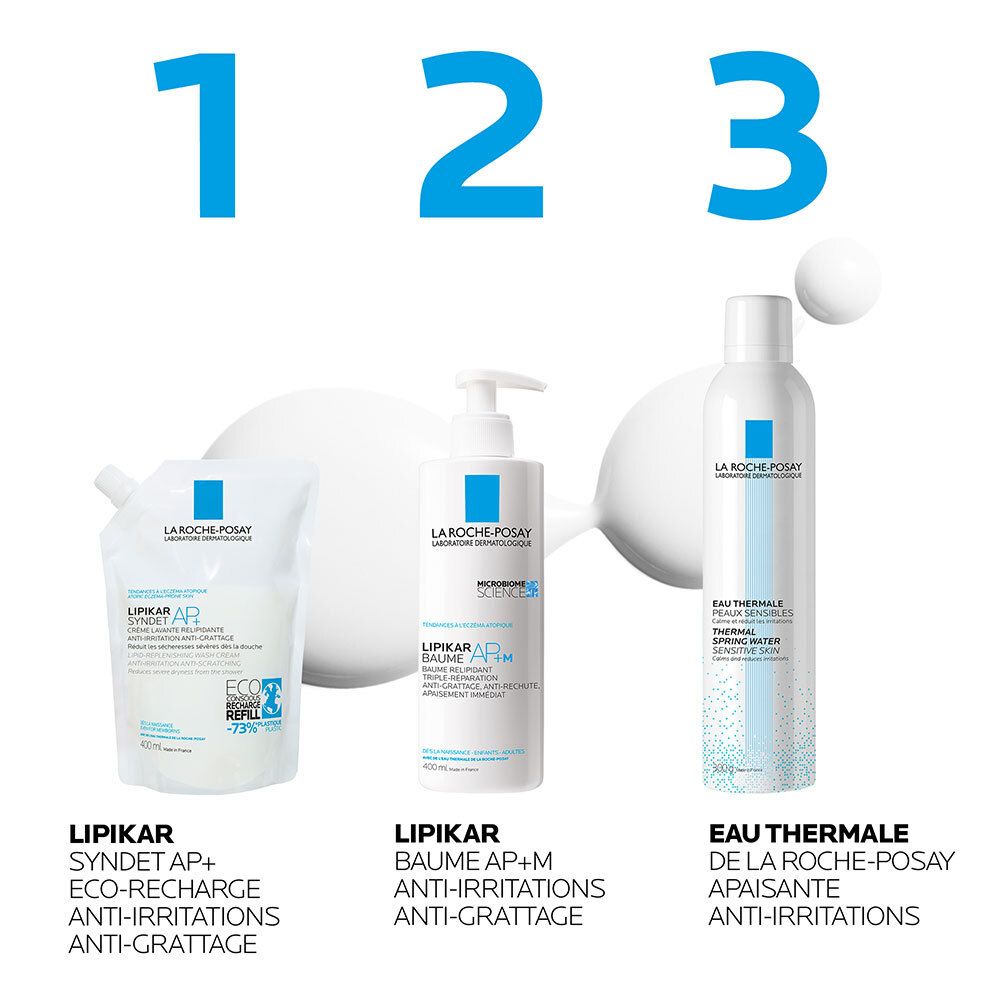 Trois produits La Roche-Posay. Crème lavante, baume et eau thermale. Anti-irritations.