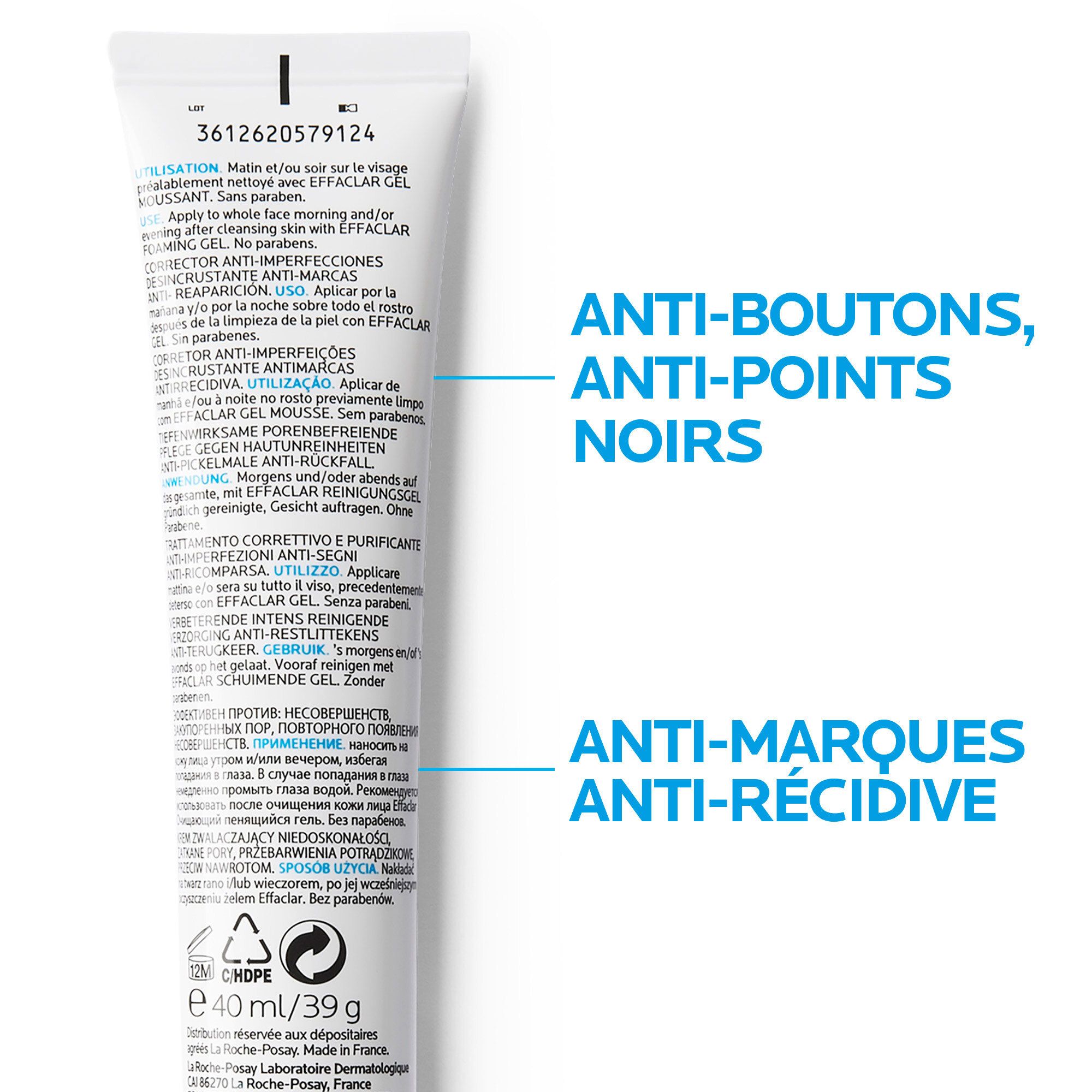Dos du tube. Texte multilingue. Informations d'utilisation et ingrédients. 40ml/39g.