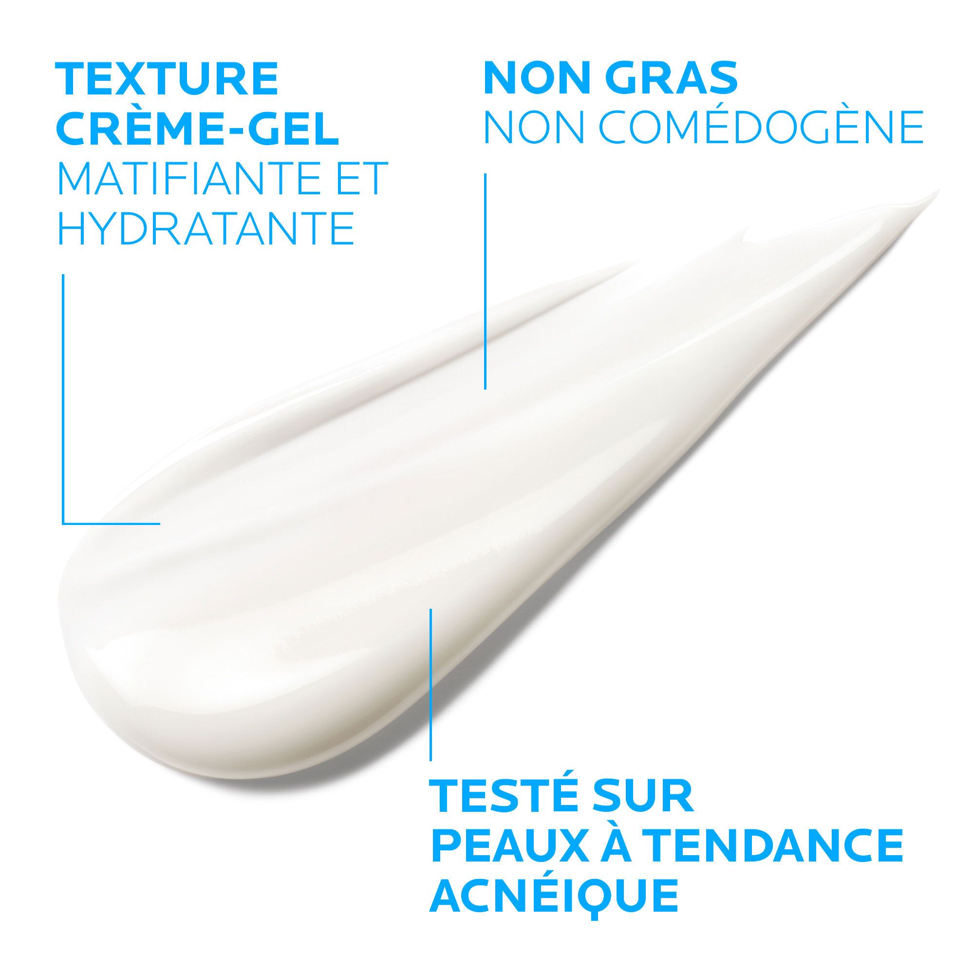 Texture crème-gel. Matifiante et hydratante. Non gras, non comédogène. Testé sur peaux à tendance acnéique.