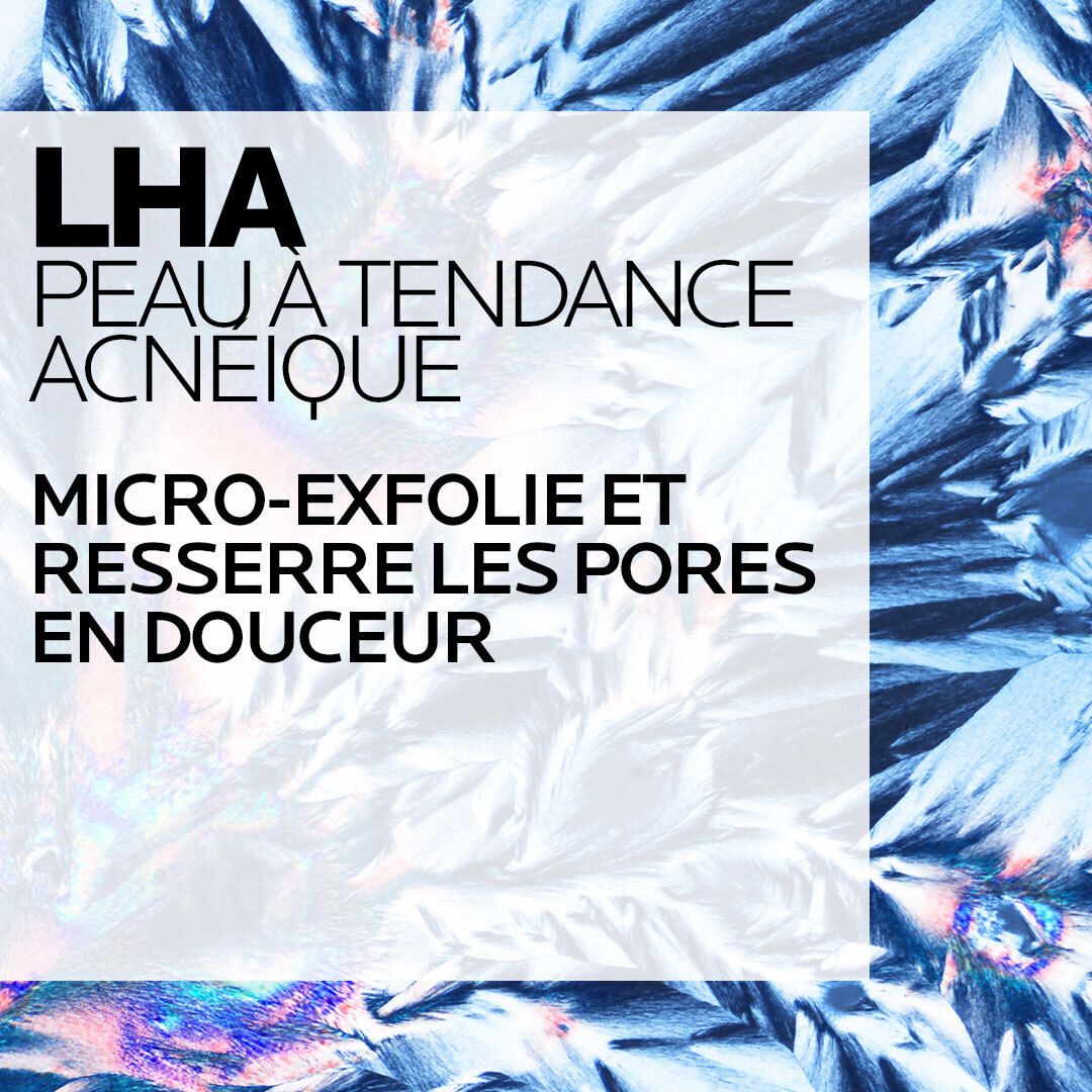 Texte : LHA, peau à tendance acnéique. Micro-exfoliation et resserre les pores. Sur fond bleu.