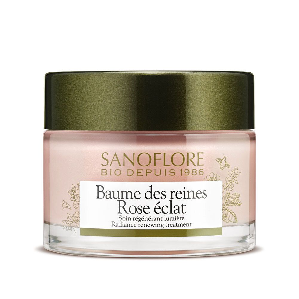 Pot de crème rose avec couvercle vert. Inscription: Sanoflore, Baume des reines Rose éclat.