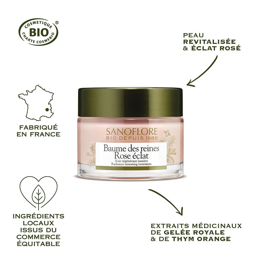 Pot de crème avec texte et logos. Texte: Sanoflore, Baume des reines Rose éclat. Logos: Bio, Fabriqué en France.