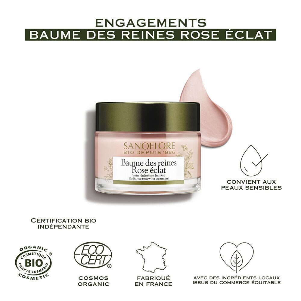 Pot de crème avec texte et logos. Texte: Sanoflore, Baume des reines Rose éclat. Logos: Bio, peaux sensibles.
