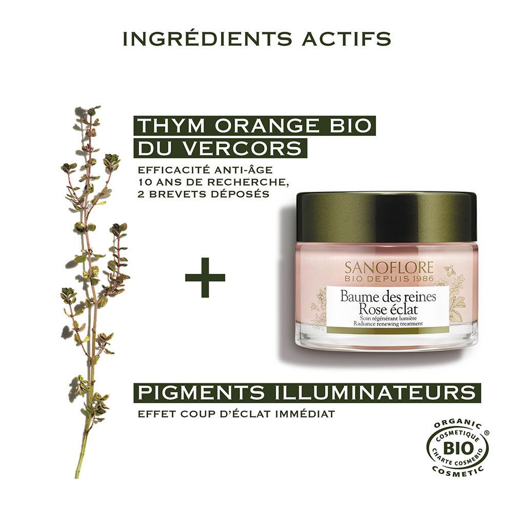 Image avec ingrédients. Thym, orange bio, pigments. Pot de crème: Sanoflore, Baume des reines Rose éclat.