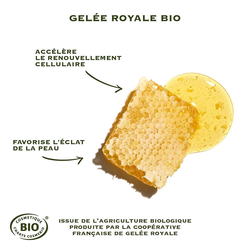 Image avec Gelée Royale Bio. Nid d'abeille et goutte. Texte: Accélère le renouvellement cellulaire, favorise l'éclat.