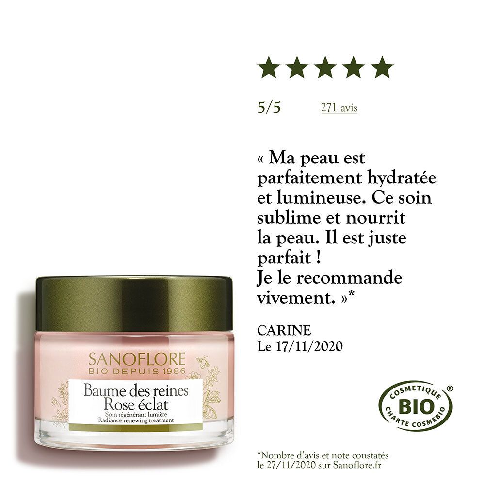 Pot de crème avec texte et avis. Texte: Sanoflore, Baume des reines Rose éclat. Avis: 5/5 étoiles, 271 avis.