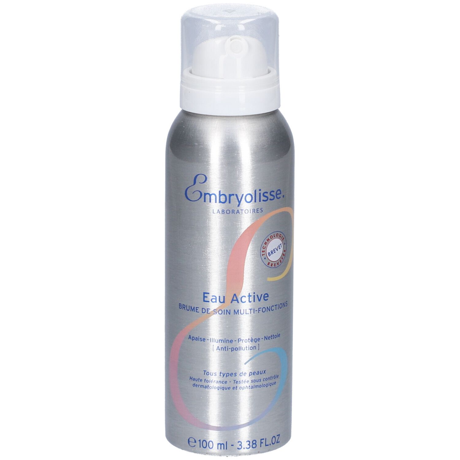 Flacon spray argenté avec pompe blanche. Inscription: Embryolisse, Eau Active, 100 ml.