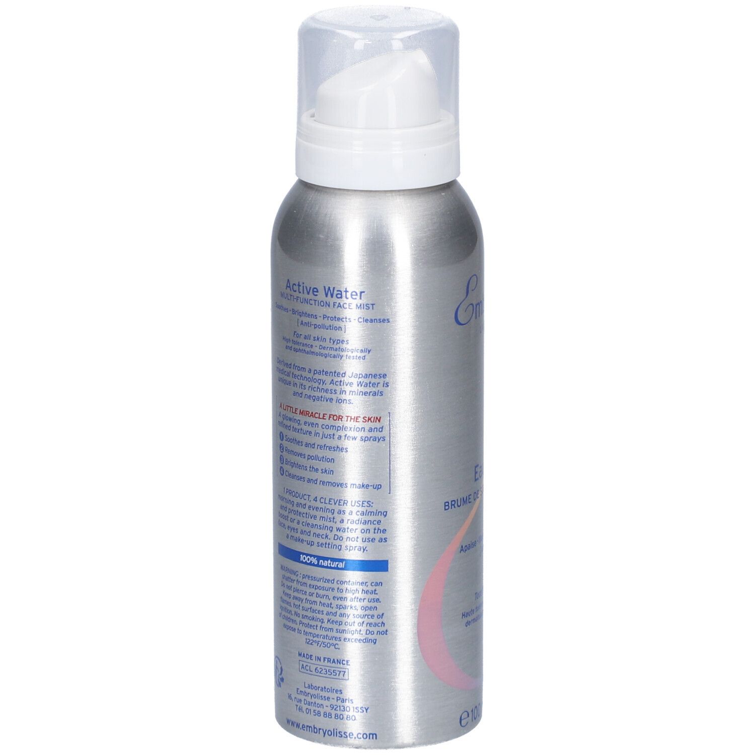Flacon spray argenté avec pompe blanche. Texte: Active Water, Multi-Function Face Mist. Texte au dos.
