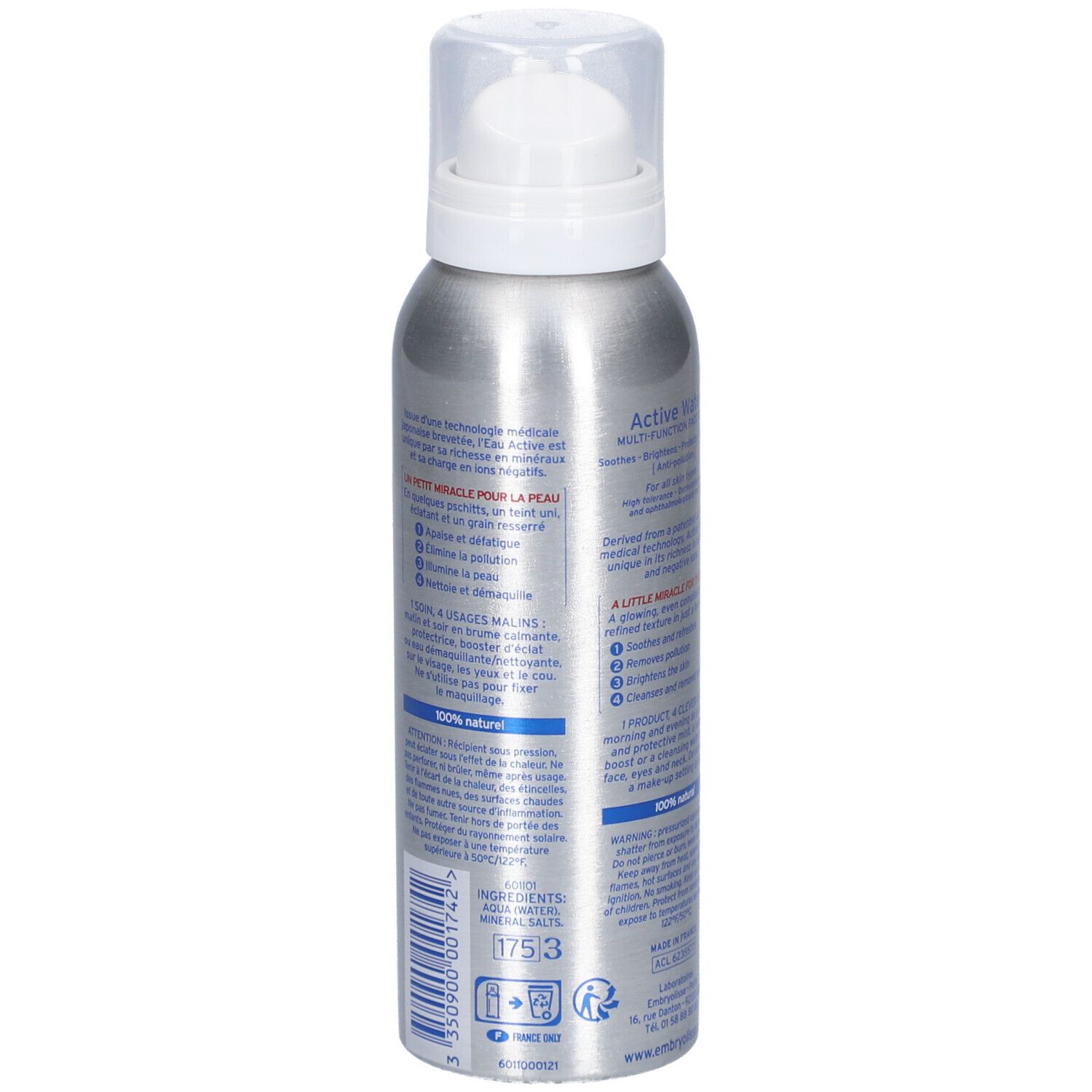 Flacon spray argenté avec pompe blanche. Dos avec texte et ingrédients. Texte: 100% naturel.