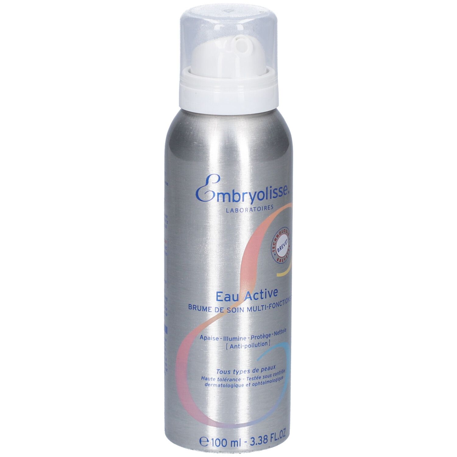 Flacon spray argenté avec pompe blanche. Inscription: Embryolisse, Eau Active, 100 ml.