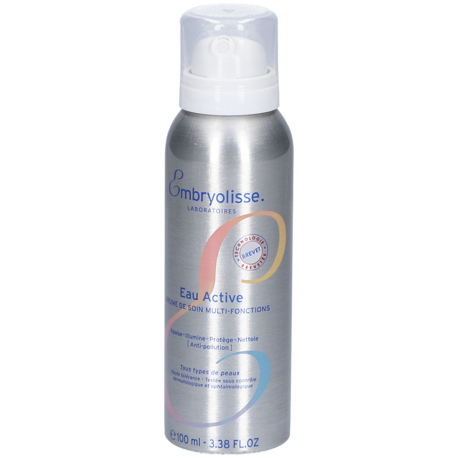 Flacon spray argenté avec pompe blanche. Inscription: Embryolisse, Eau Active, 100 ml.