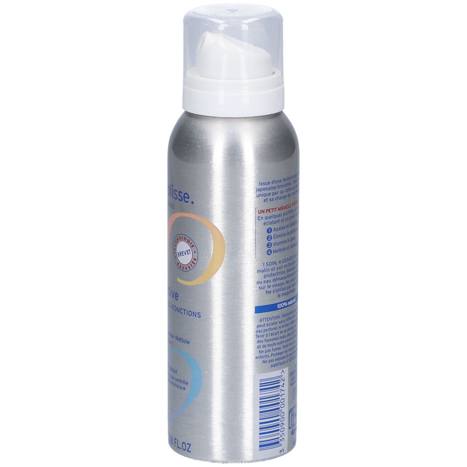 Flacon spray argenté avec pompe blanche. Inscription: Embryolisse, Eau Active, 100 ml. Texte au dos.
