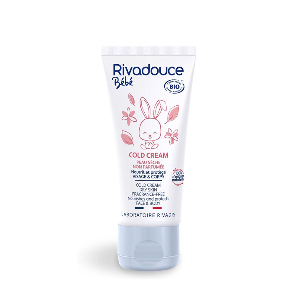 Tube de crème pour bébé. Blanc, avec illustrations et texte roses. Inscription "COLD CREAM" et "PEAU SECHE".