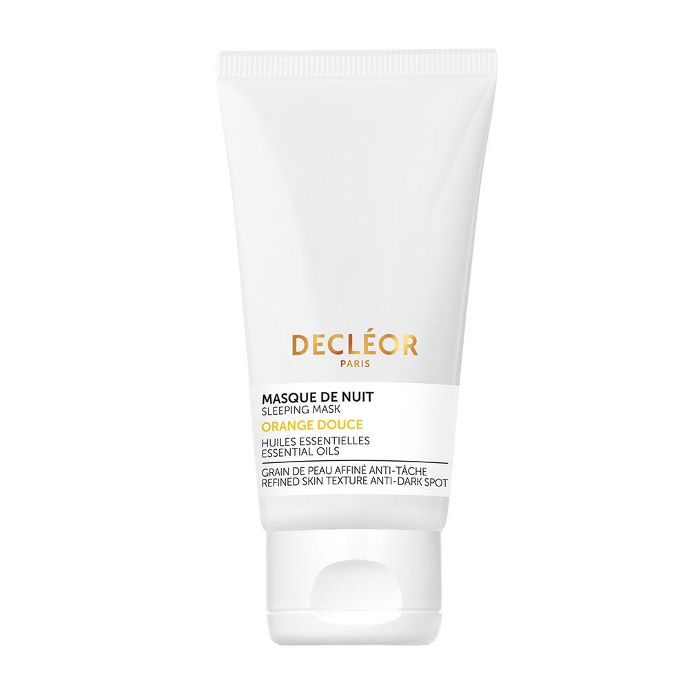 Tube blanc DECLÉOR PARIS. Masque de nuit Orange Douce. Huiles essentielles. Texture peau affinée, anti-taches. Bouchon blanc.