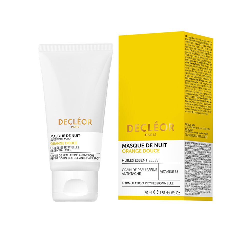 Produit et emballage jaune. DECLÉOR PARIS, MASQUE DE NUIT, ORANGE DOUCE. Huiles essentielles. Texture peau affinée, anti-taches.