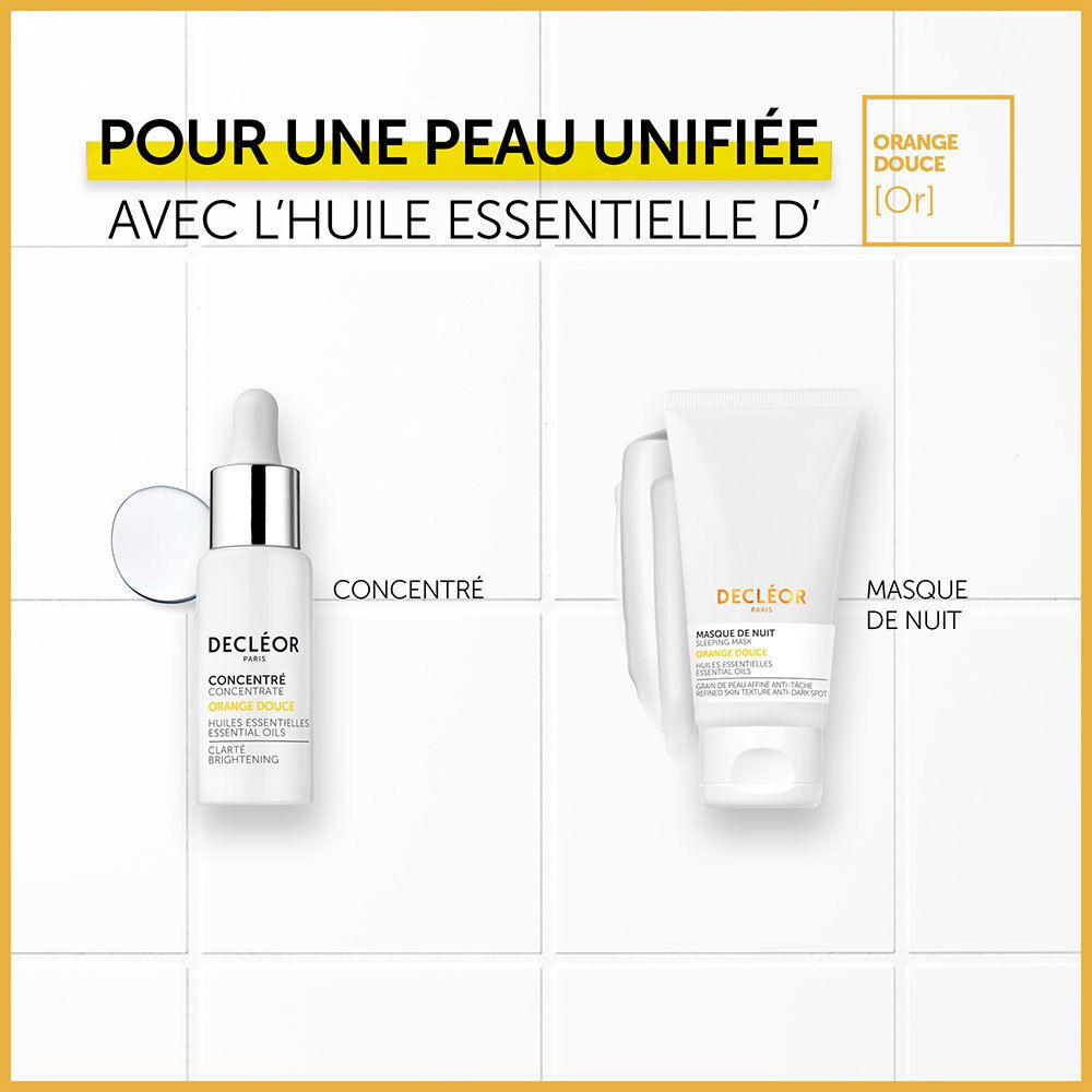 Produit et flacon de sérum. DECLÉOR. Concentré. Pour une peau unifiée. Fond blanc.