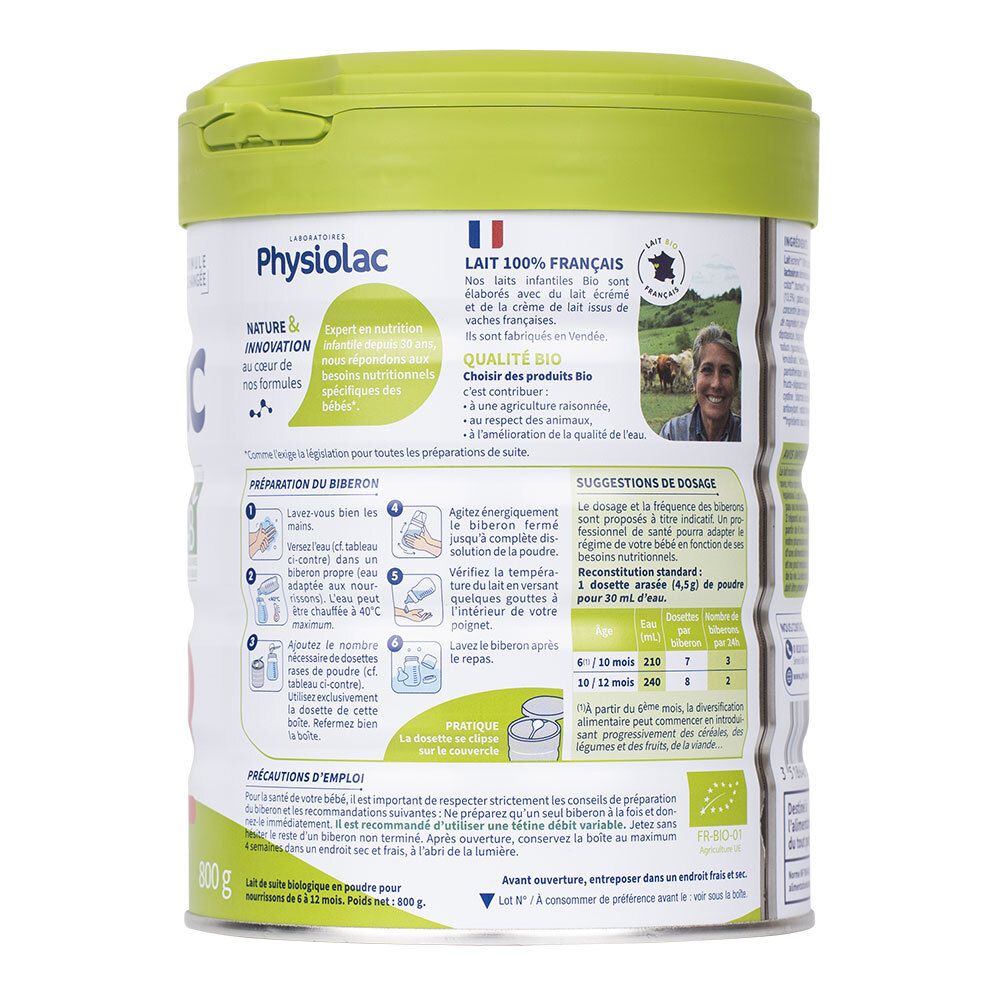 Dos de la boîte Physiolac Bio 2. Texte et illustrations pour la préparation et le dosage. Drapeau français, label bio.