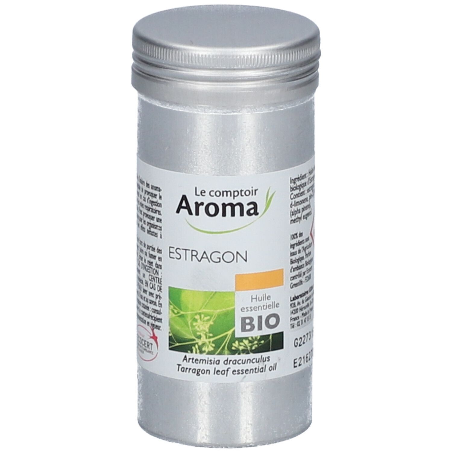 Silberne Dose mit Etikett. Aufschrift: Le Comptoir Aroma, Estragon, Huile essentielle BIO. ECOCERT-Zertifizierung.