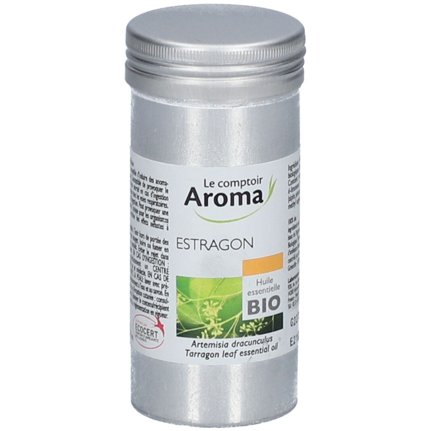 Silberne Dose mit Etikett. Aufschrift: Le Comptoir Aroma, Estragon, Huile essentielle BIO. ECOCERT-Zertifizierung.