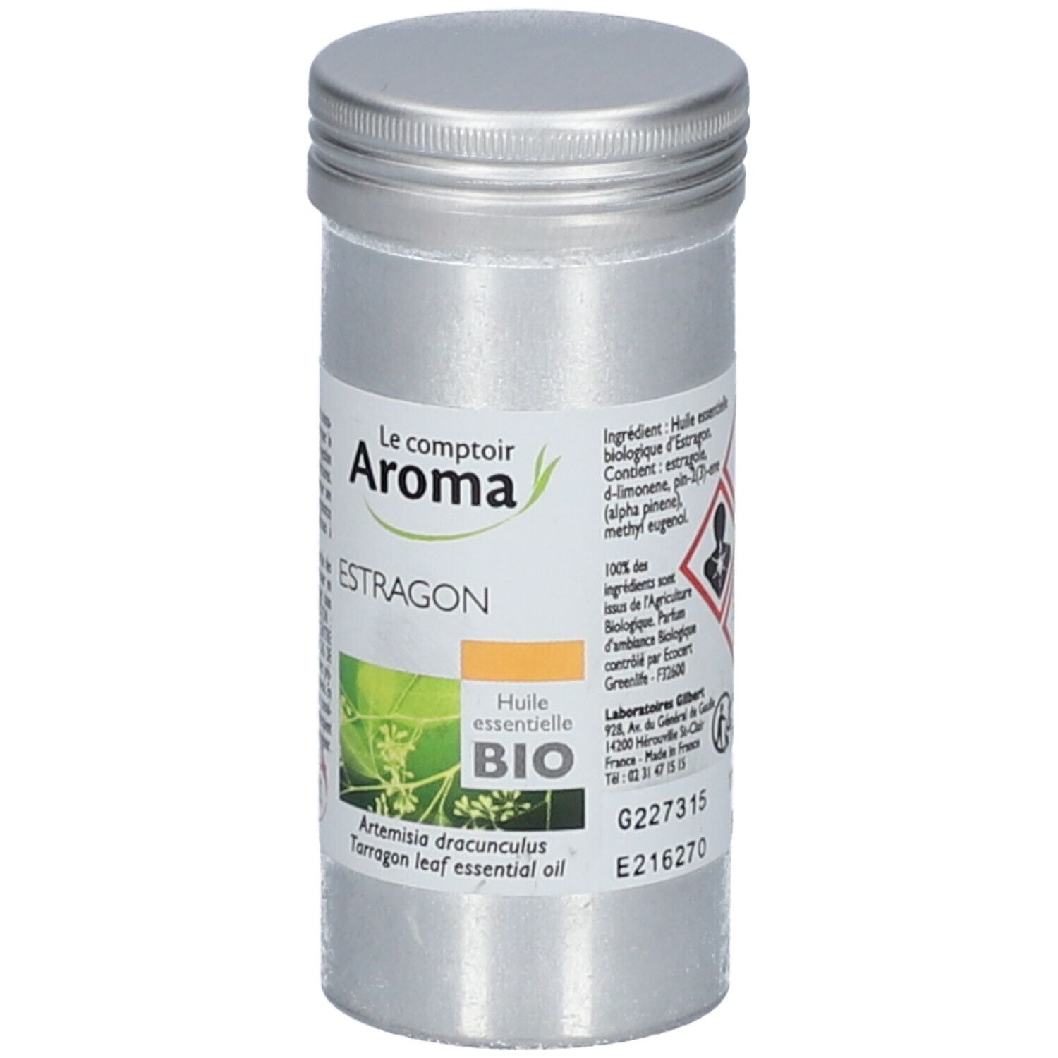 Silberne Dose mit Etikett. Aufschrift: Le Comptoir Aroma, Estragon, Huile essentielle BIO. Inhaltsstoffe, G227315.
