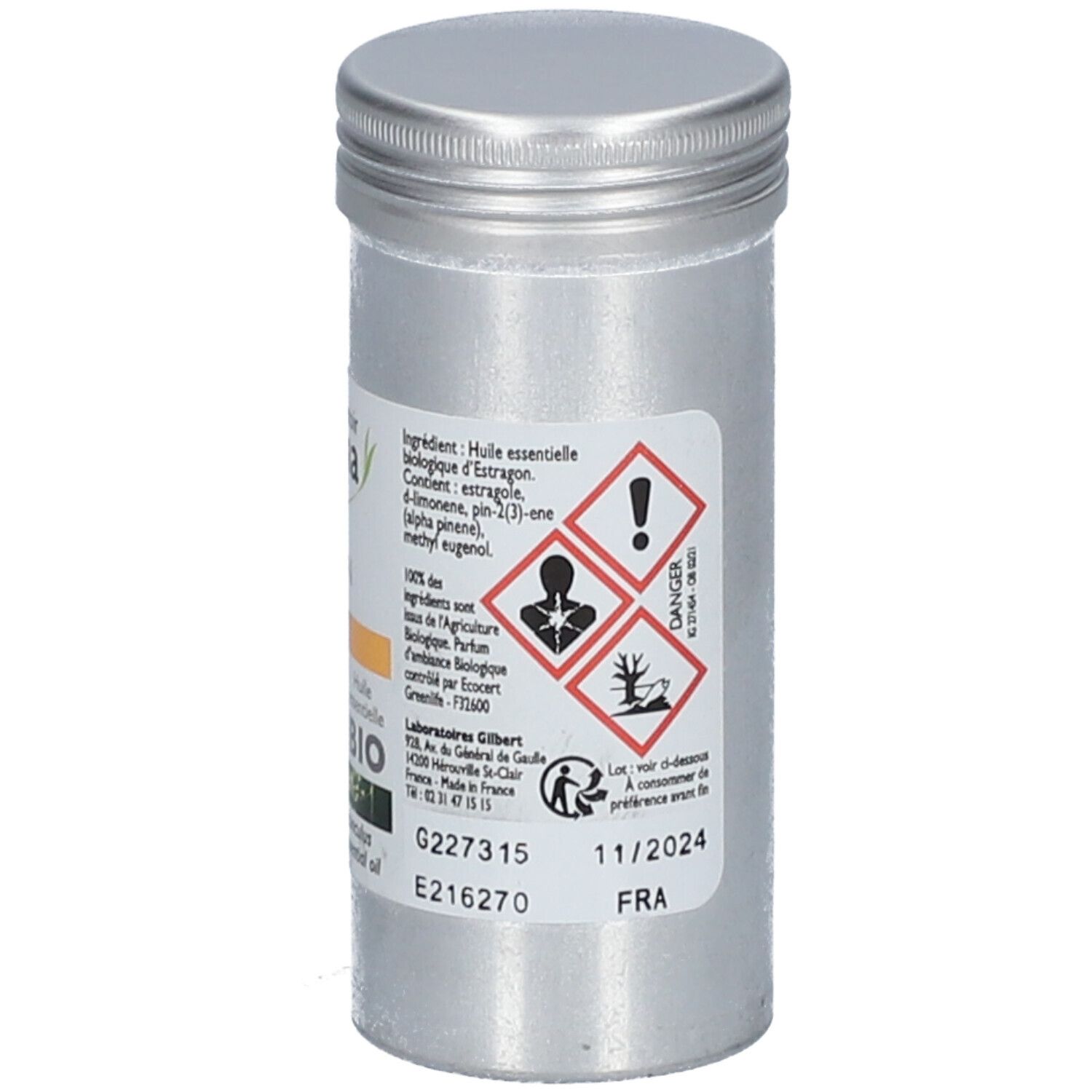 Silberne Dose mit Etikett. Warnsymbole, Ablaufdatum 11/2024. Aufschrift: Inhaltsstoffe, G227315, E216270.