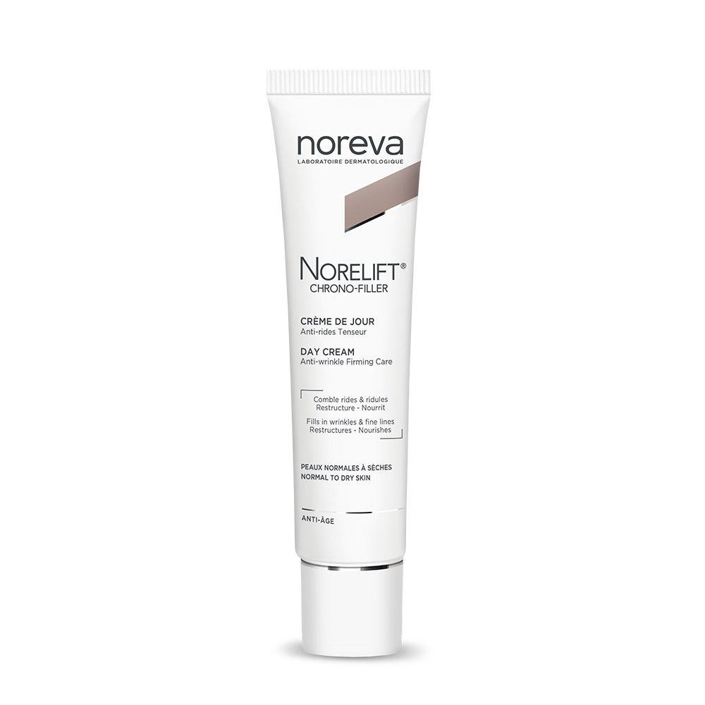 Tube de crème avec logo et nom du produit. Texte: Crème de Jour, Anti-rides Tenseur. Pour peaux normales à sèches.