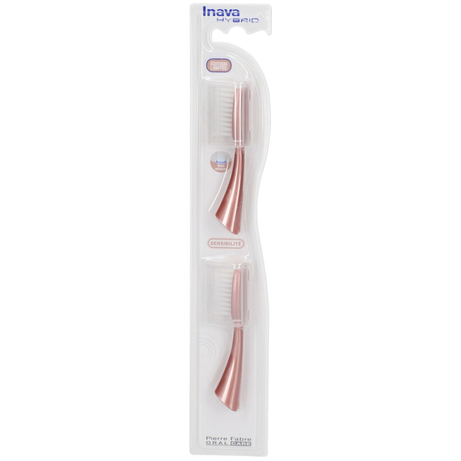 Deux têtes de brosse rose en emballage blister. Inava Hybrid. Poils blancs. Sensibilité.