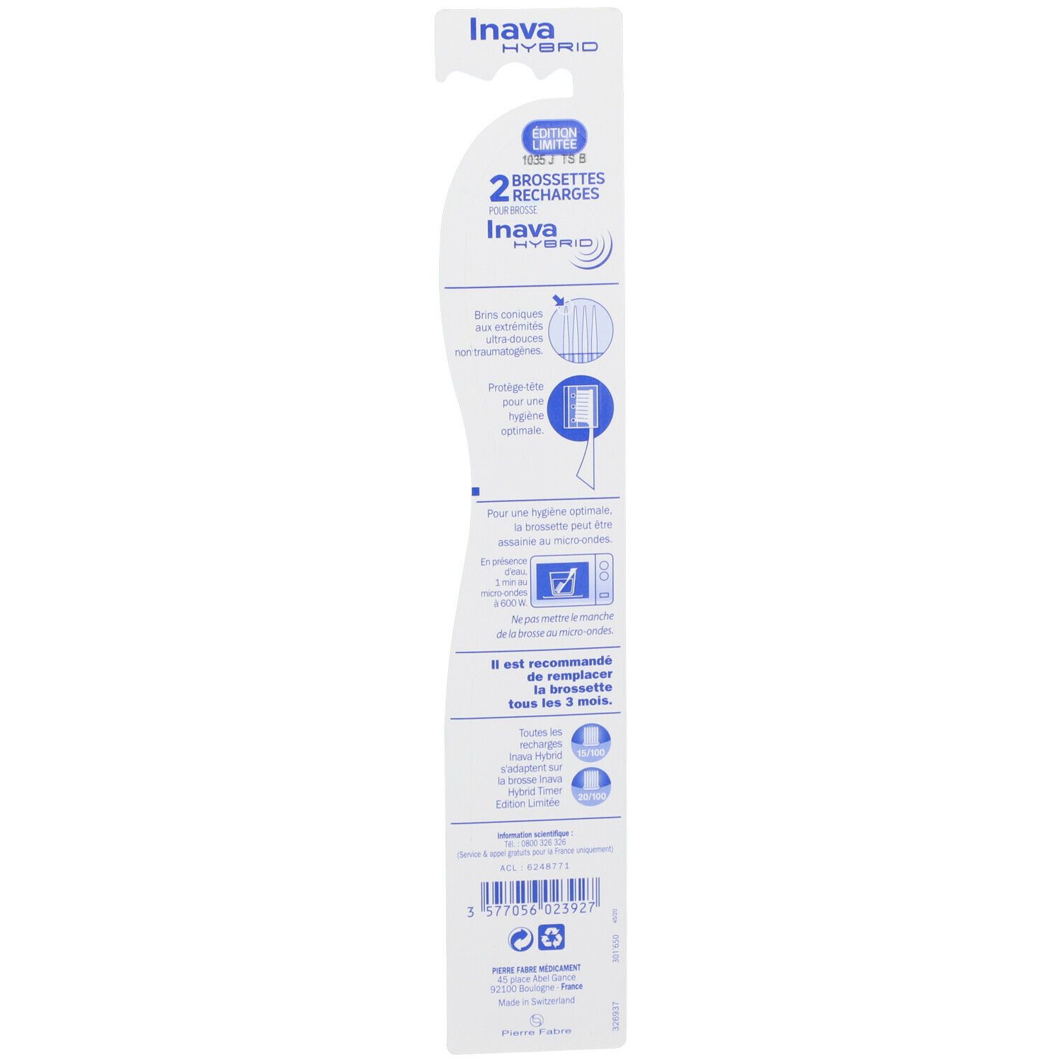 Dos de l'emballage blister avec informations produit. Inava Hybrid. 2 recharges. Recommandation de remplacement.