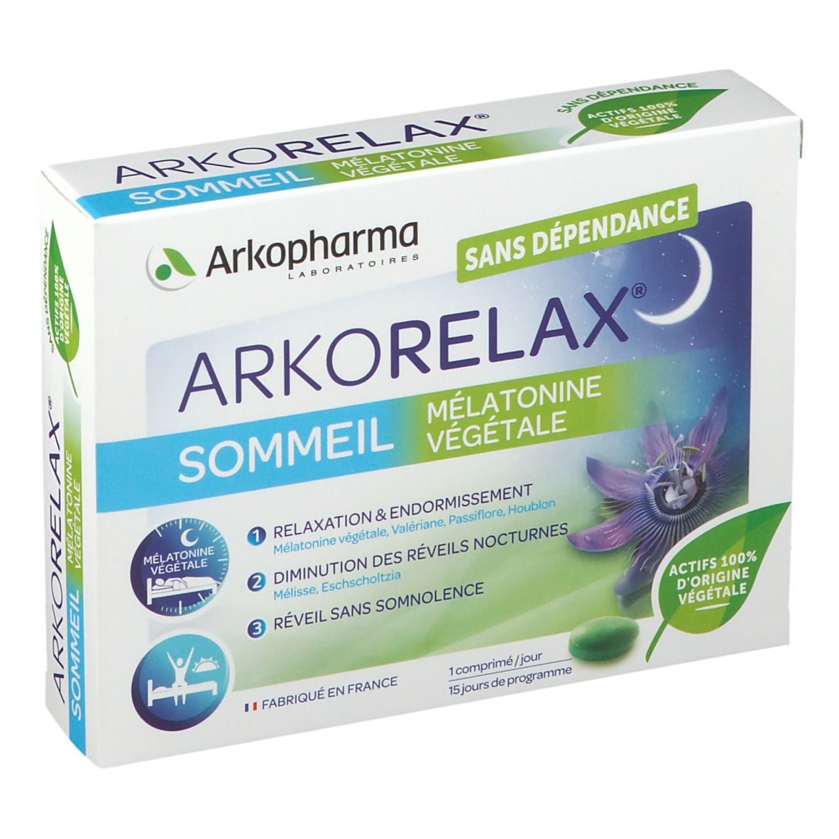 Boîte Arkorelax Sommeil. Face avant avec nom du produit, lune, fleur et comprimé vert. Texte : Mélatonine végétale.