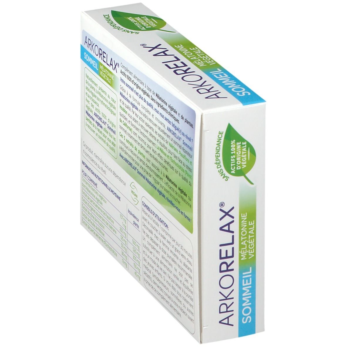 Vue arrière de la boîte Arkorelax Sommeil. Texte et informations d'utilisation. Nom du produit : Mélatonine végétale.