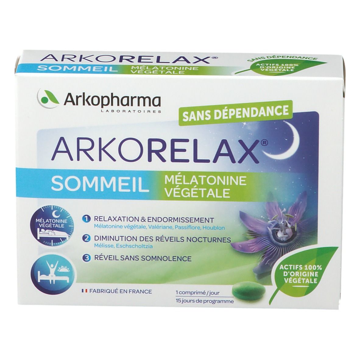 Boîte Arkorelax Sommeil. Face avant avec nom du produit, lune, fleur et comprimé vert. Texte : Mélatonine végétale.