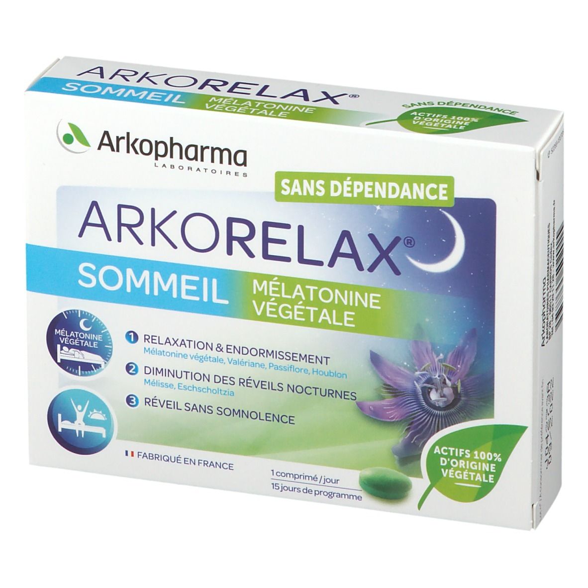 Boîte Arkorelax Sommeil. Face avant avec nom du produit, lune, fleur et comprimé vert. Texte : Mélatonine végétale.
