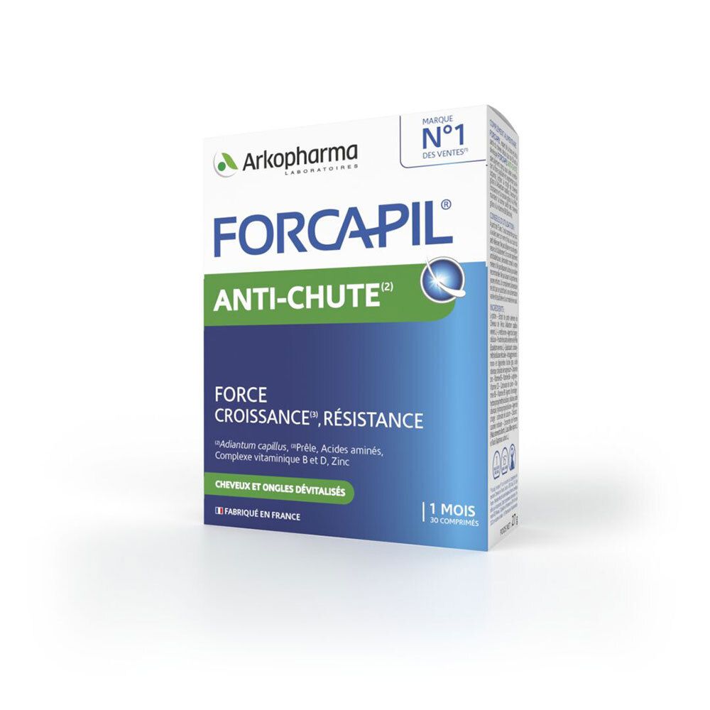 Boîte FORCAPIL® Anti-chute. Emballage bleu et blanc. Marque Arkopharma. Texte: Anti-chute, Force, Croissance, Résistance.