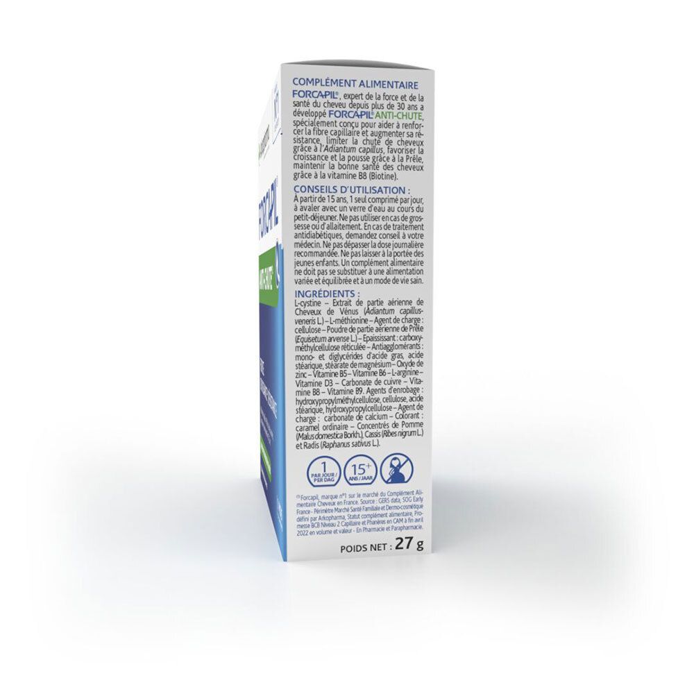 Dos de la boîte FORCAPIL® Anti-chute. Texte et ingrédients imprimés. Poids net : 27g.