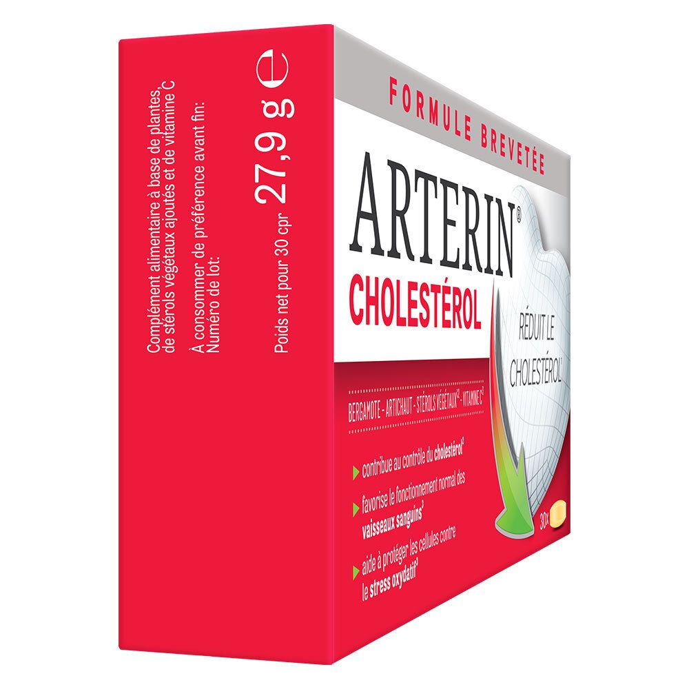 Boîte Arterin Cholestérol, vue latérale. Inscriptions blanches sur fond rouge. 27,9 g.