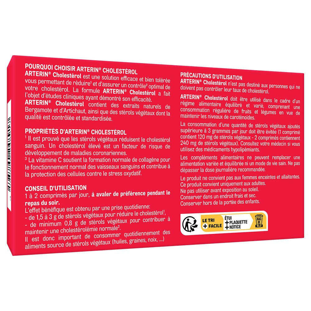Dos de la boîte Arterin Cholestérol. Texte en français. Conseils d'utilisation et précautions.