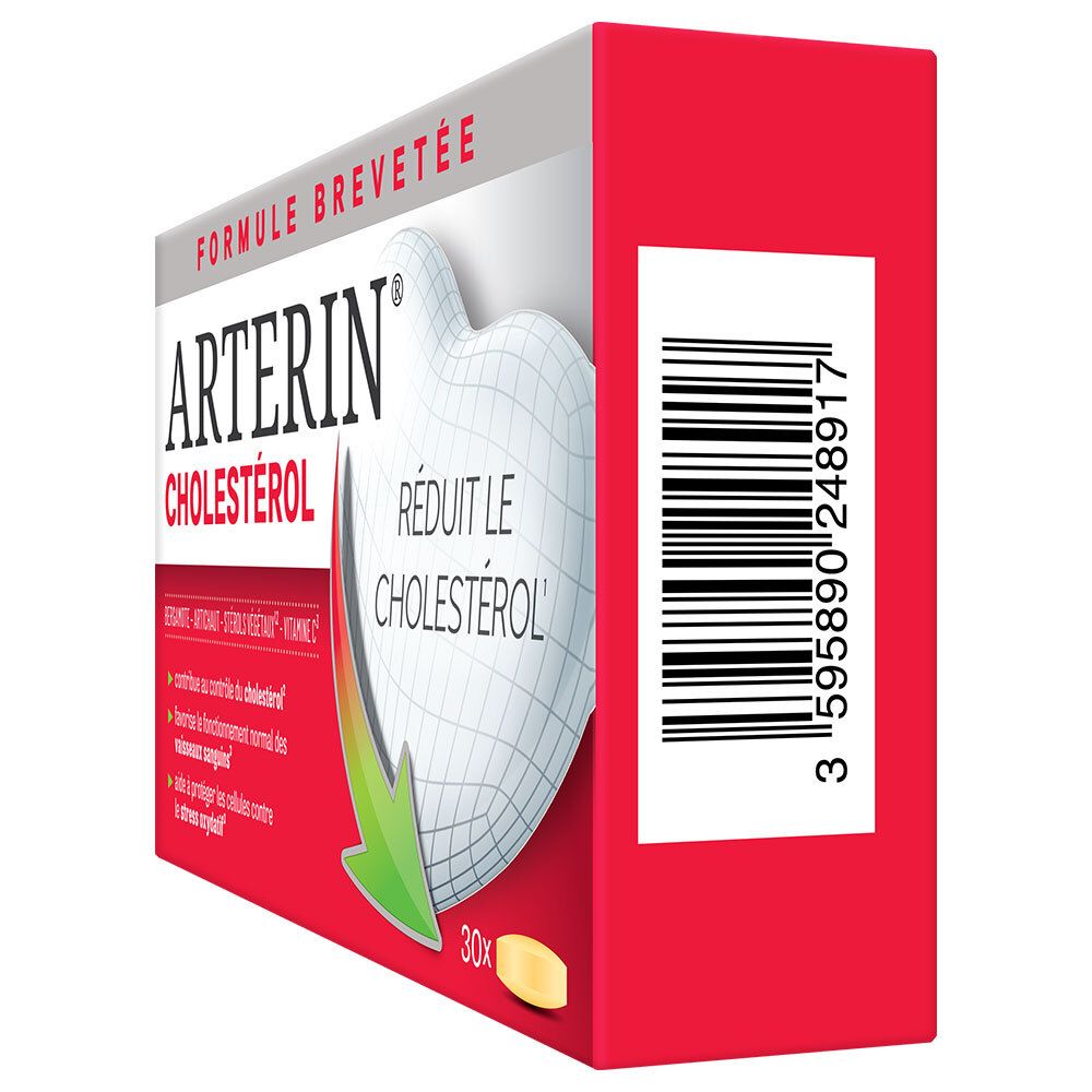 Boîte Arterin Cholestérol, vue latérale. Code-barres sur fond rouge. 3 595890 248917.