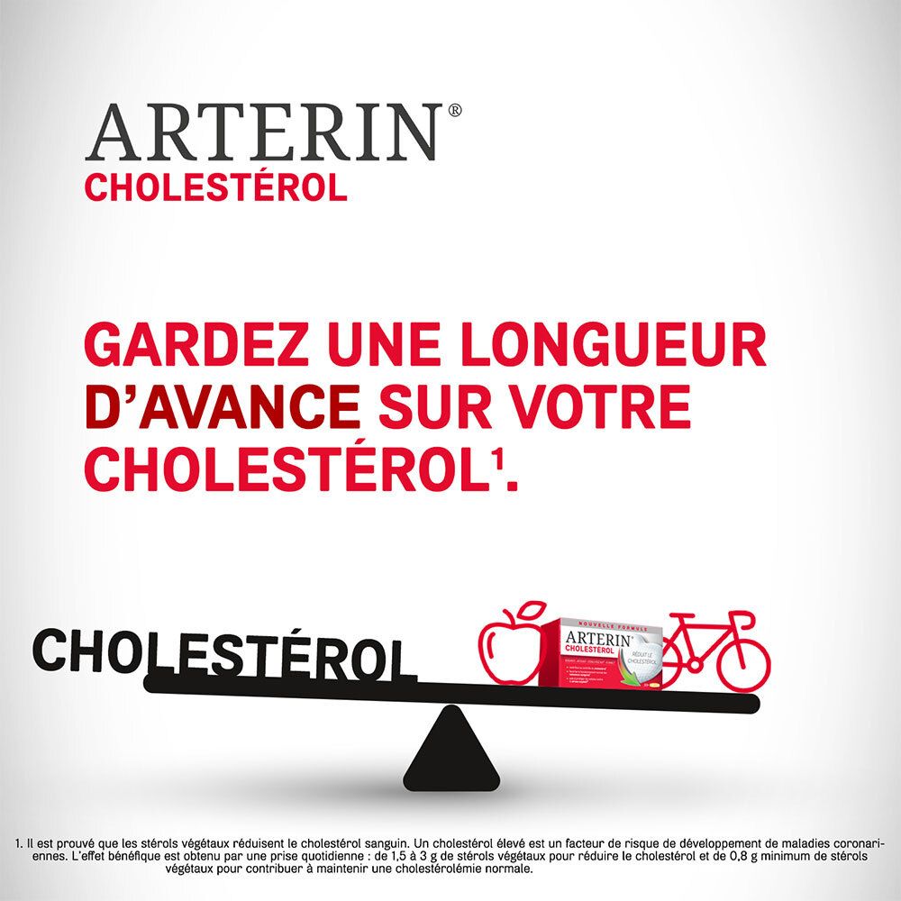 Publicité pour Arterin Cholestérol. Texte: Gardez une longueur d'avance sur votre cholestérol.