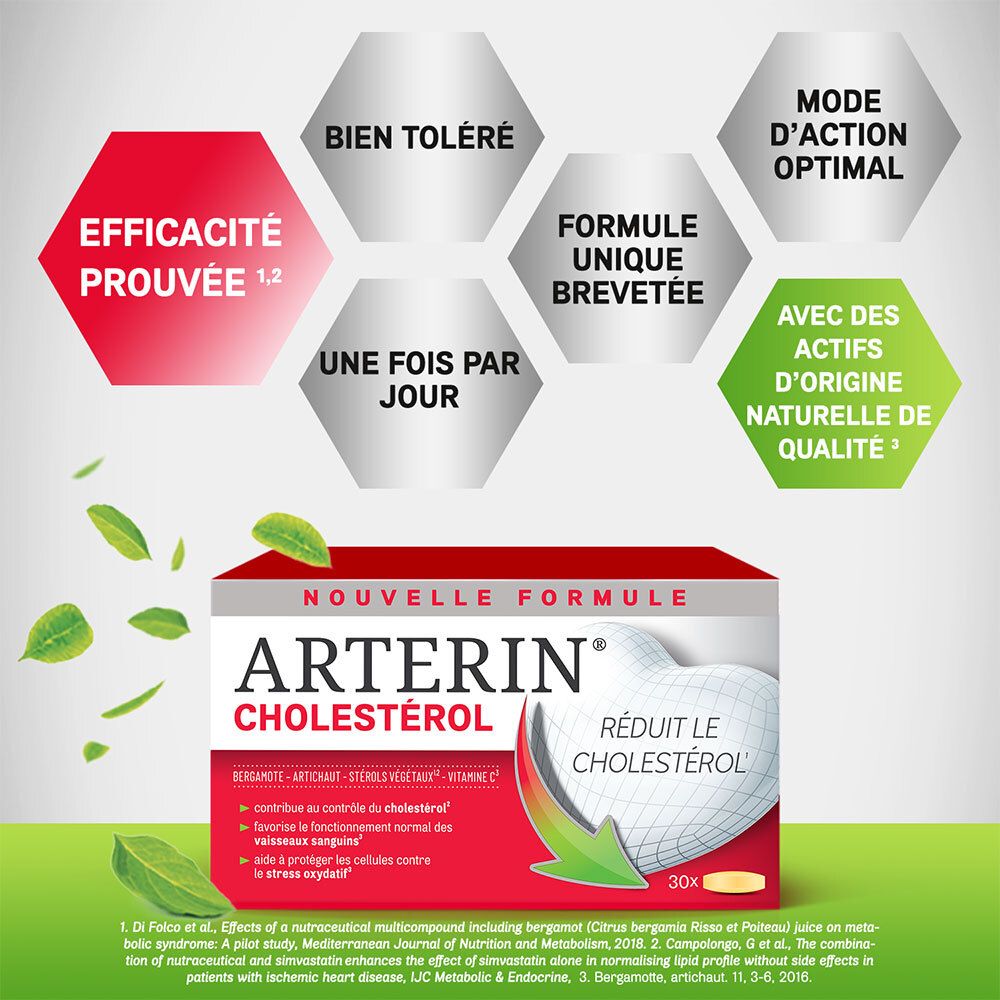 Boîte Arterin Cholestérol. Contient 30 comprimés. Texte: Réduit le cholestérol. Avec des feuilles.