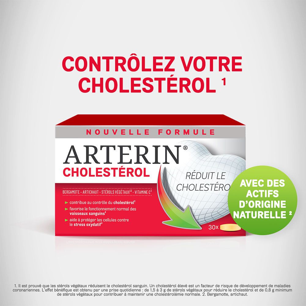 Boîte Arterin Cholestérol. Texte: Contrôlez votre cholestérol. Contient 30 comprimés.