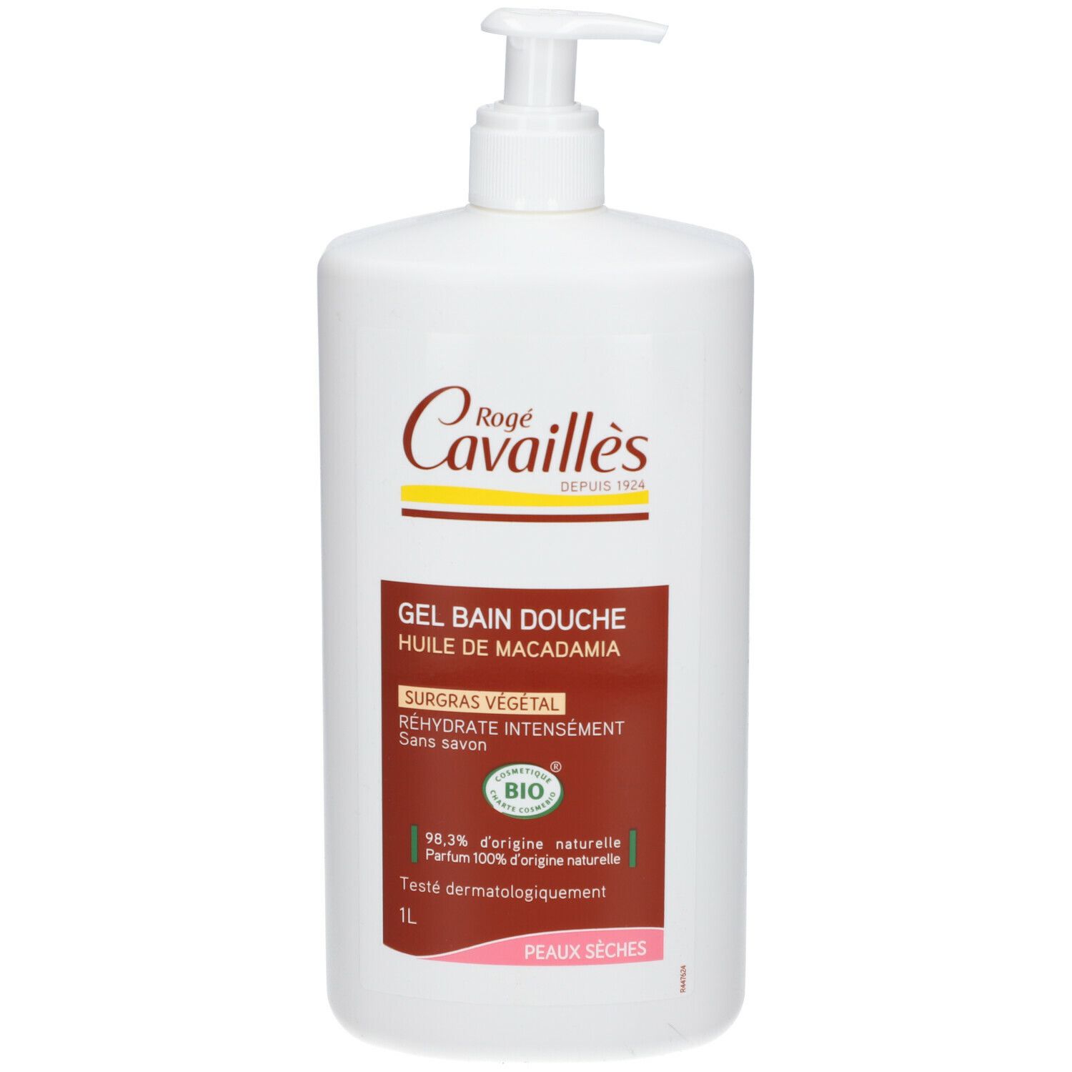 Weißer Spender mit Pumpe. Aufschrift: Rogé Cavaillès, Gel Bain Douche, Huile de Macadamia, Bio-Zertifizierung, für trockene Haut.