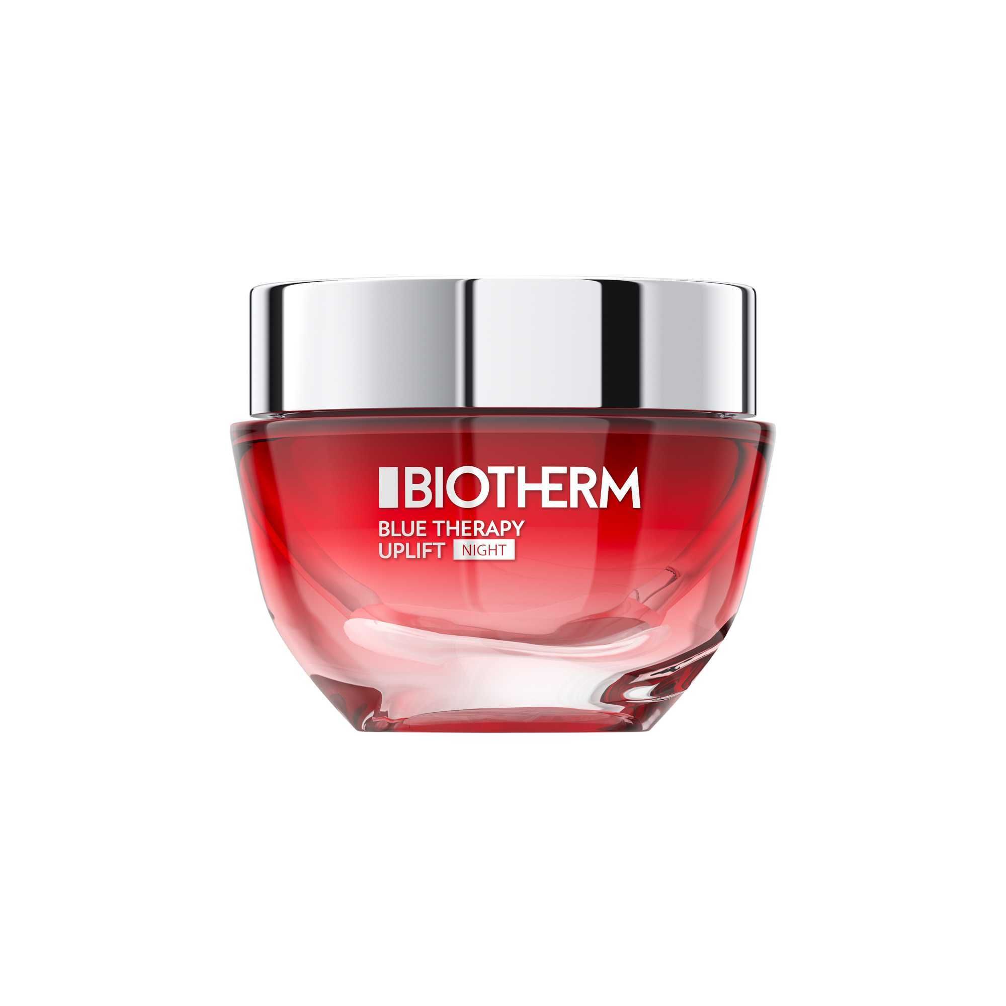 Roter Tiegel mit silbernem Deckel. BIOTHERM BLUE THERAPY UPLIFT NIGHT steht auf dem Tiegel.