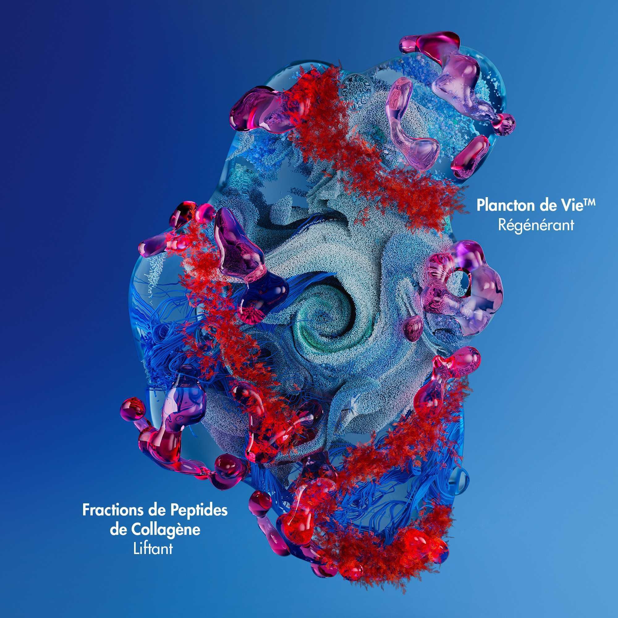 Abstrakte Darstellung mit Text. „Plancton de Vie Régénérant“ und „Fraktionen de Peptides de Collagène Liftant“.