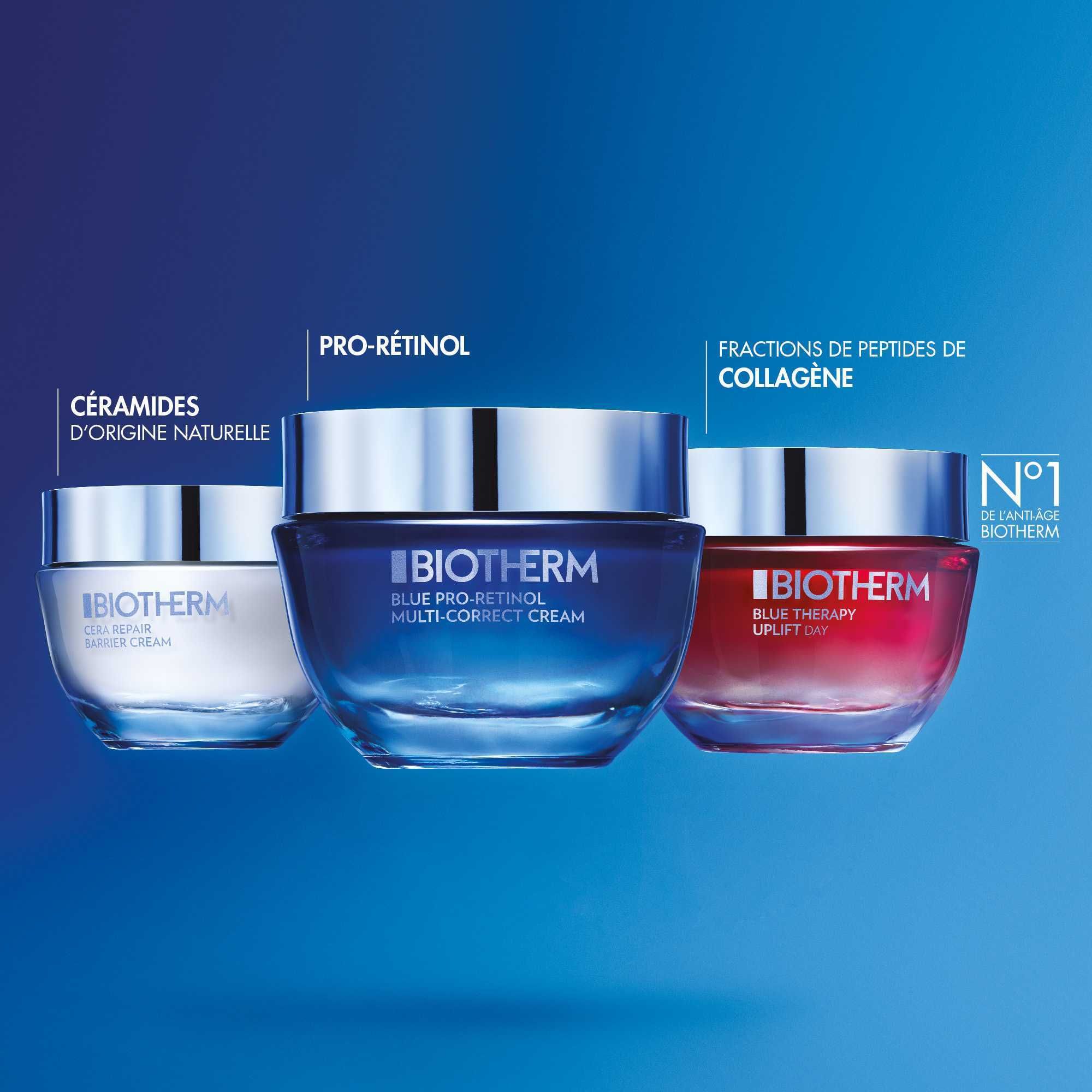 Drei Tiegel. BIOTHERM Creme, Serum und UPLIFT NIGHT Creme. Text: Pro-Retinol, Peptide, Ceramide.
