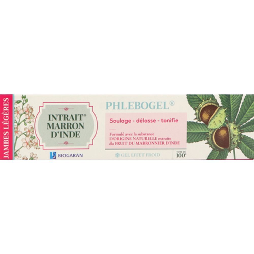 Boîte avec texte : Phlebogel, Intrait Marron d'Inde, Jambes Légères. Illustration : marron d'Inde.