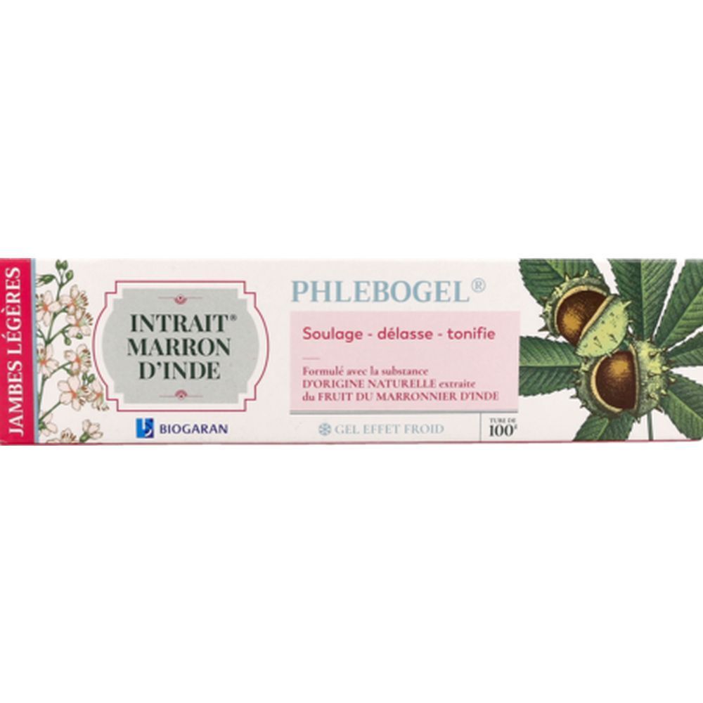 Boîte avec texte : Phlebogel, Intrait Marron d'Inde, Jambes Légères. Illustration : marron d'Inde.