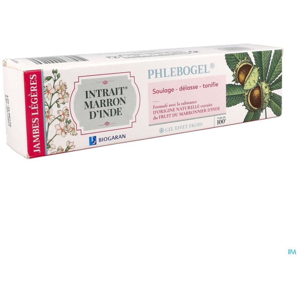 Boîte avec texte : Phlebogel, Intrait Marron d'Inde, Jambes Légères. Illustration : marron d'Inde.